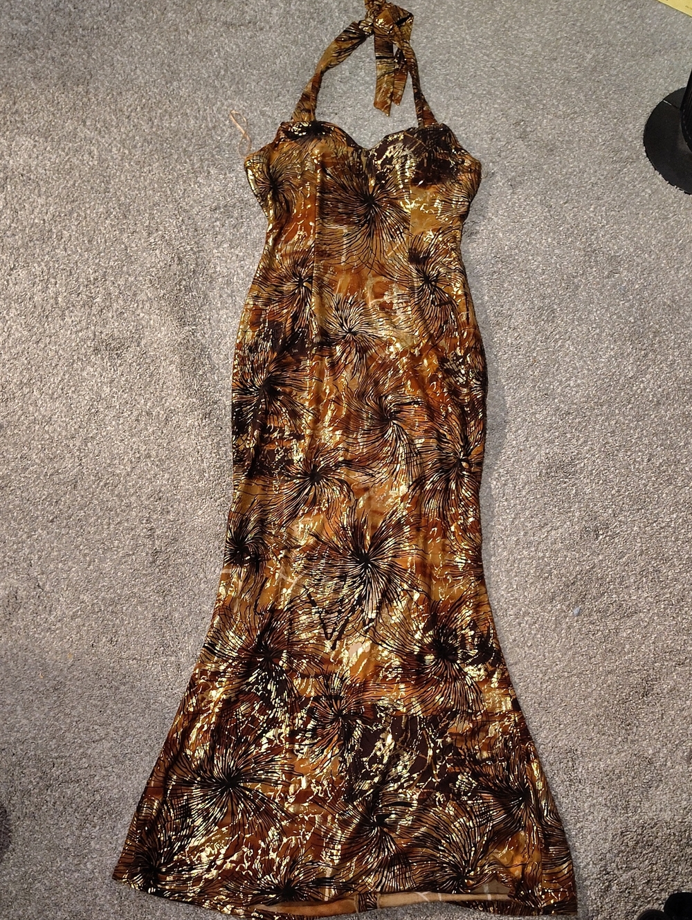Vintage Brown And Copper Floral Halter Maxi Dress - Women